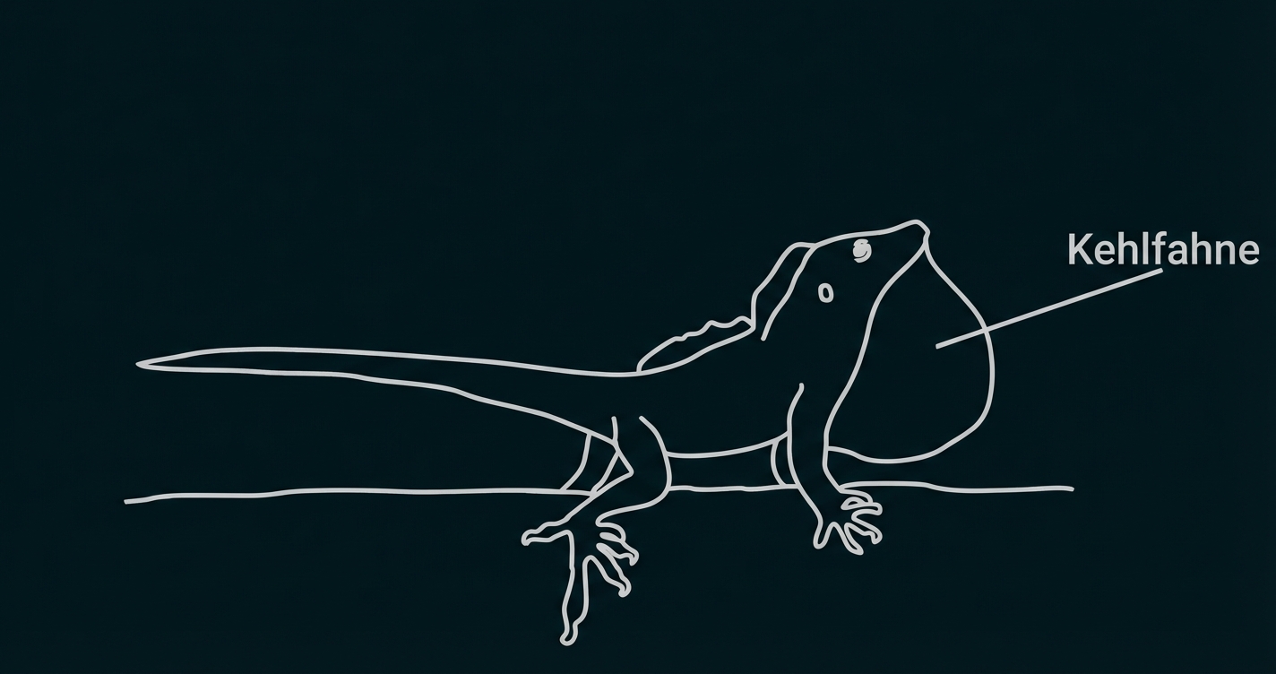 Strichzeichnung einer Echse, seitliche Ansicht mit ausgefahrener Kehlfahne (beschriftet).